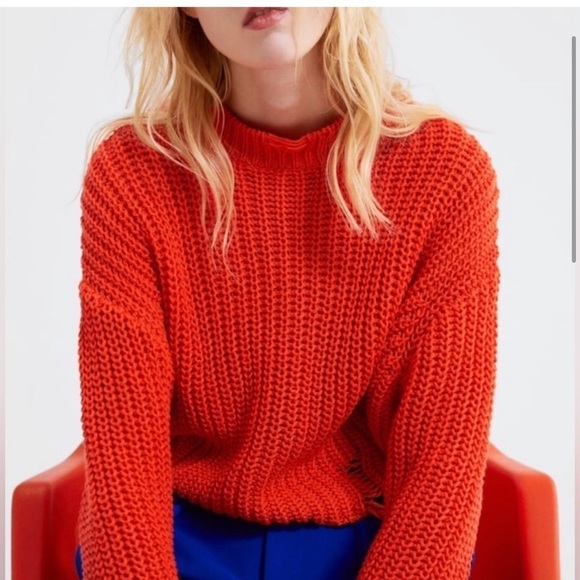 Zara Orange Distressed Sweater Small - Picture 4 of 8